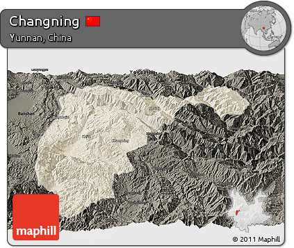 Shaded Relief Panoramic Map of Changning, darken