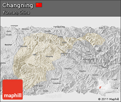 Shaded Relief Panoramic Map of Changning, desaturated