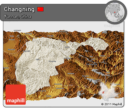 Shaded Relief Panoramic Map of Changning, physical outside