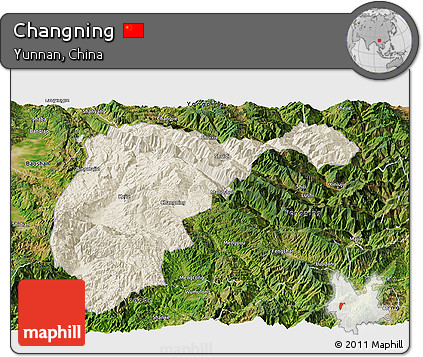 Shaded Relief Panoramic Map of Changning, satellite outside