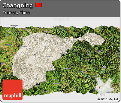 Shaded Relief Panoramic Map of Changning, satellite outside