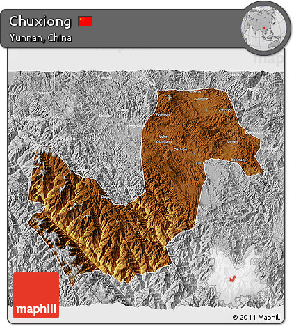 Physical 3D Map of Chuxiong, lighten, desaturated