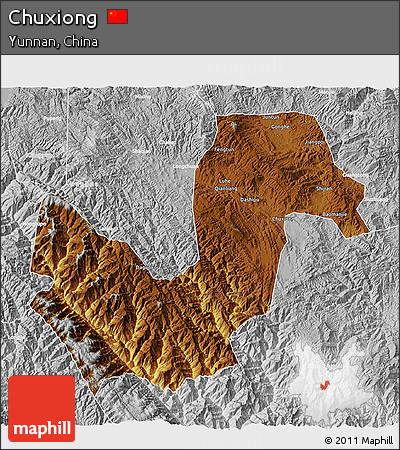 Physical 3D Map of Chuxiong, lighten, desaturated
