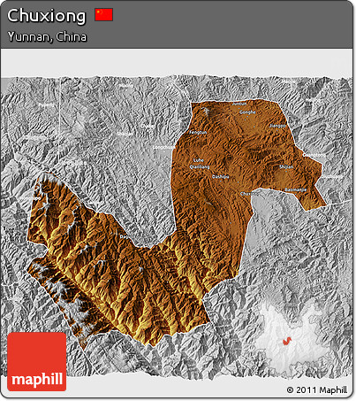 Physical 3D Map of Chuxiong, lighten, desaturated