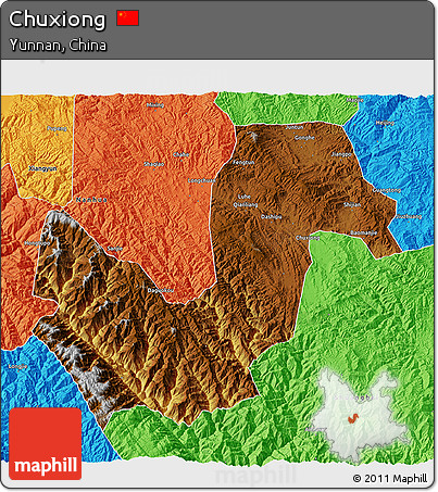 Physical 3D Map of Chuxiong, political outside