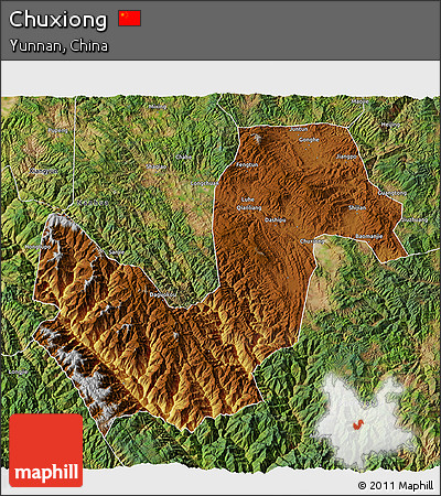 Physical 3D Map of Chuxiong, satellite outside