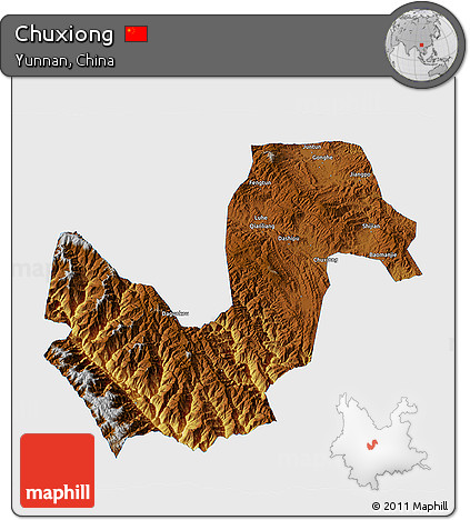 Physical 3D Map of Chuxiong, single color outside