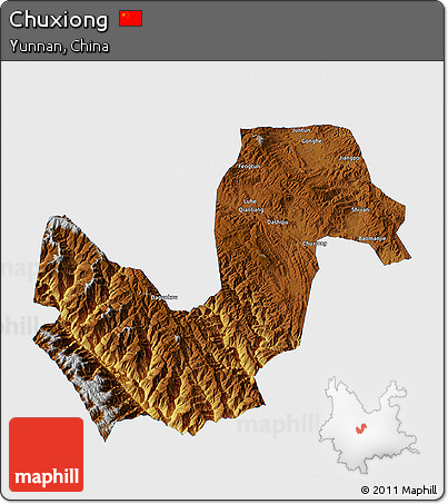 Physical 3D Map of Chuxiong, single color outside