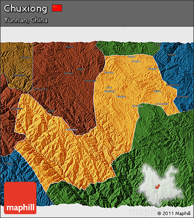 Political 3D Map of Chuxiong, darken