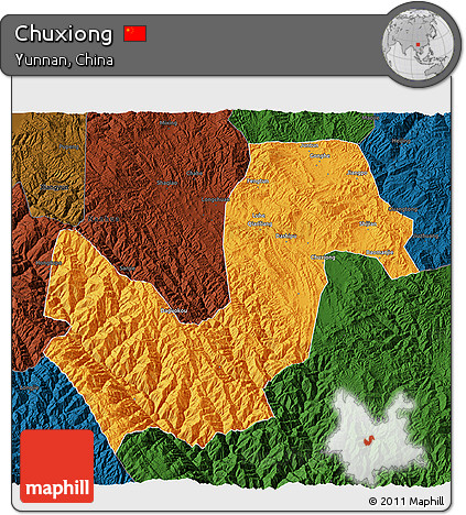 Political 3D Map of Chuxiong, darken