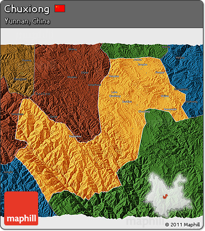Political 3D Map of Chuxiong, darken