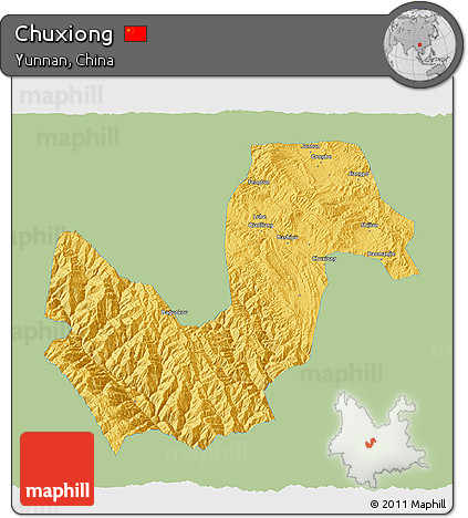 Savanna Style 3D Map of Chuxiong, single color outside
