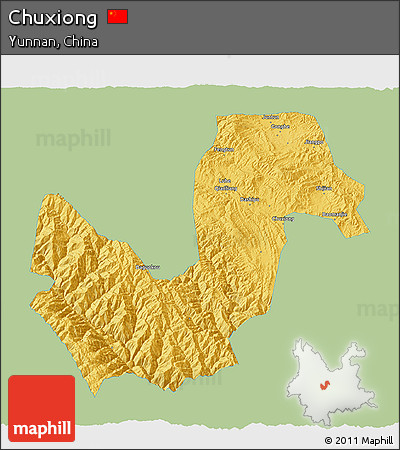 Savanna Style 3D Map of Chuxiong, single color outside