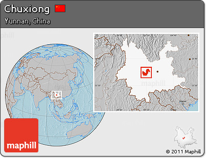 Gray Location Map of Chuxiong, highlighted parent region, hill shading