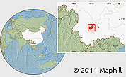 Savanna Style Location Map of Chuxiong, highlighted country, hill shading