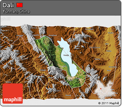 Satellite 3D Map of Dali, physical outside