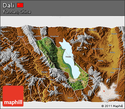 Satellite 3D Map of Dali, physical outside
