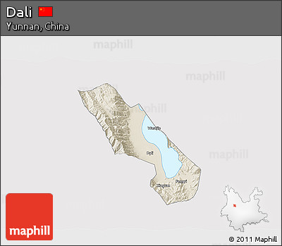 Shaded Relief 3D Map of Dali, cropped outside
