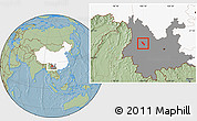 Savanna Style Location Map of Dali, highlighted country, highlighted parent region, hill shading
