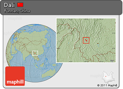 Savanna Style Location Map of Dali, hill shading