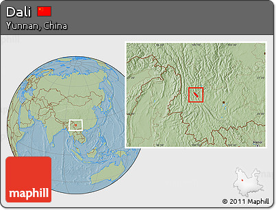 Savanna Style Location Map of Dali, hill shading