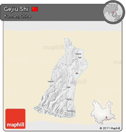 Classic Style 3D Map of Gejiu Shi, single color outside