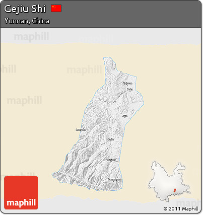 Classic Style 3D Map of Gejiu Shi, single color outside