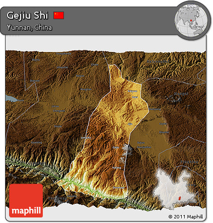 Physical 3D Map of Gejiu Shi, darken