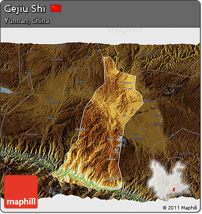 Physical 3D Map of Gejiu Shi, darken