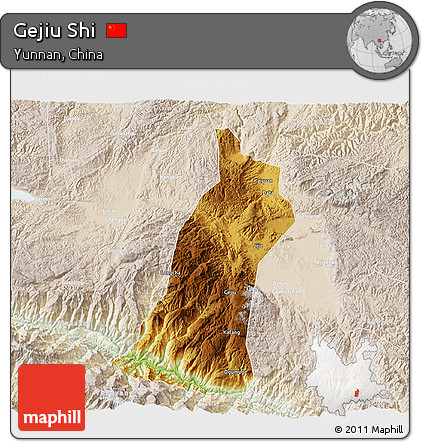 Physical 3D Map of Gejiu Shi, lighten