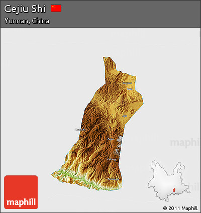 Physical 3D Map of Gejiu Shi, single color outside