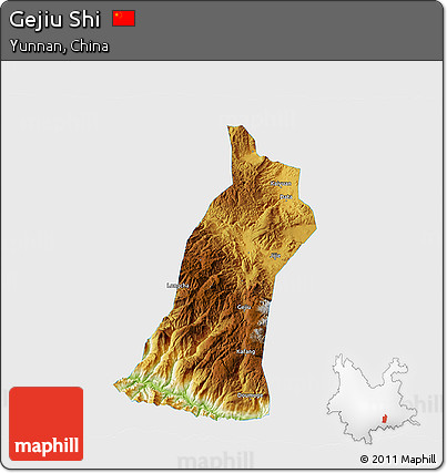 Physical 3D Map of Gejiu Shi, single color outside