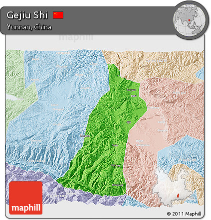 Political 3D Map of Gejiu Shi, lighten