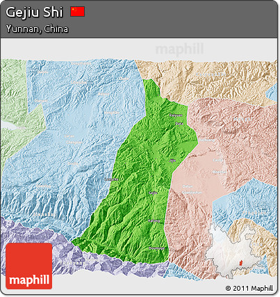 Political 3D Map of Gejiu Shi, lighten