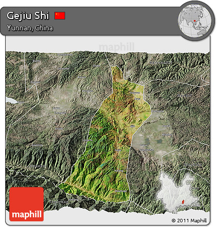 Satellite 3D Map of Gejiu Shi, semi-desaturated