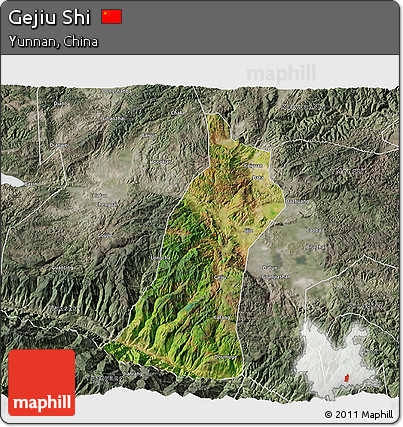 Satellite 3D Map of Gejiu Shi, semi-desaturated