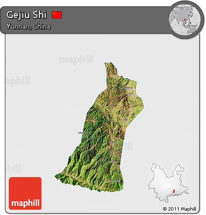Satellite 3D Map of Gejiu Shi, single color outside