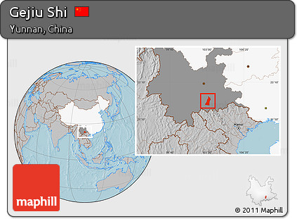 Gray Location Map of Gejiu Shi, highlighted country, highlighted parent region, hill shading