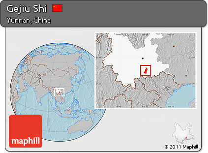 Gray Location Map of Gejiu Shi, highlighted parent region, hill shading