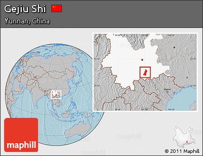 Gray Location Map of Gejiu Shi, highlighted parent region, hill shading