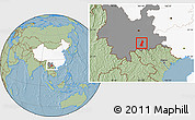Savanna Style Location Map of Gejiu Shi, highlighted country, highlighted parent region, hill shading