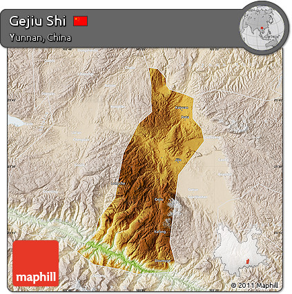 Physical Map of Gejiu Shi, lighten