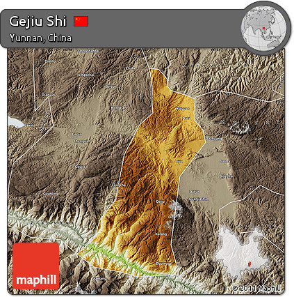 Physical Map of Gejiu Shi, semi-desaturated