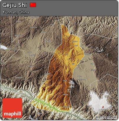 Physical Map of Gejiu Shi, semi-desaturated