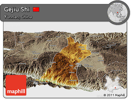 Physical Panoramic Map of Gejiu Shi, semi-desaturated