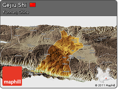 Physical Panoramic Map of Gejiu Shi, semi-desaturated