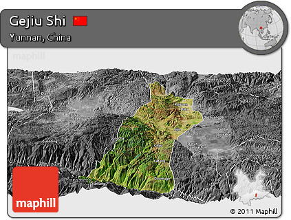 Satellite Panoramic Map of Gejiu Shi, desaturated