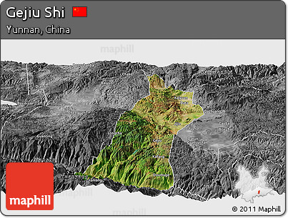 Satellite Panoramic Map of Gejiu Shi, desaturated