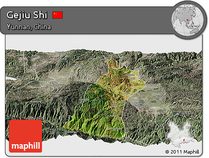 Satellite Panoramic Map of Gejiu Shi, semi-desaturated