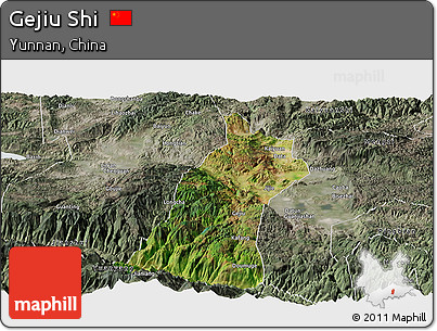 Satellite Panoramic Map of Gejiu Shi, semi-desaturated